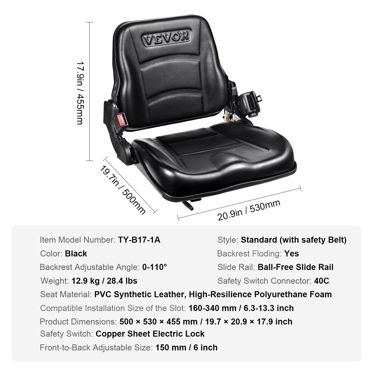 Universal Forklift Seat, Fold Down Tractor Seat with Adjustable Angle Back, Micro Switch and Retractable Seatbelt, 6.3-13.4 inch Slot Forklift Seat for Tractor Loader Excavator