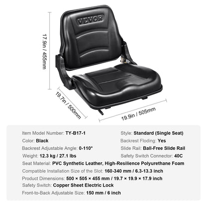 Universal Forklift Seat, Fold Down Tractor Seat with Adjustable Angle Back and Micro Switch, 6.3-13.4 inch Extended Slot Comfortable Forklift Seat for Tractor Loader Excavator