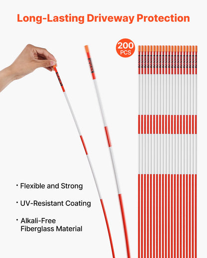 Driveway Markers, 200Pcs 122cm Long 6.35mm Dia, Hi-Visibility Driveway Reflectors with 12 in Steel Drill Bits, Reflective Snow Sticks Fiberglass Pole for Parking Lots, Walkways, Snow Plowing