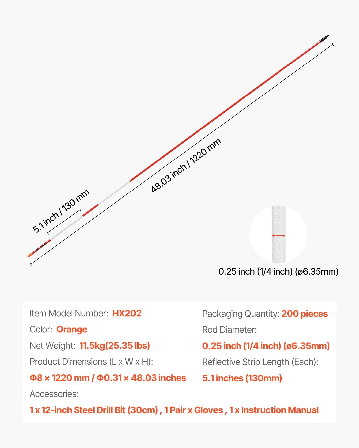 Driveway Markers, 200Pcs 122cm Long 6.35mm Dia, Hi-Visibility Driveway Reflectors with 12 in Steel Drill Bits, Reflective Snow Sticks Fiberglass Pole for Parking Lots, Walkways, Snow Plowing