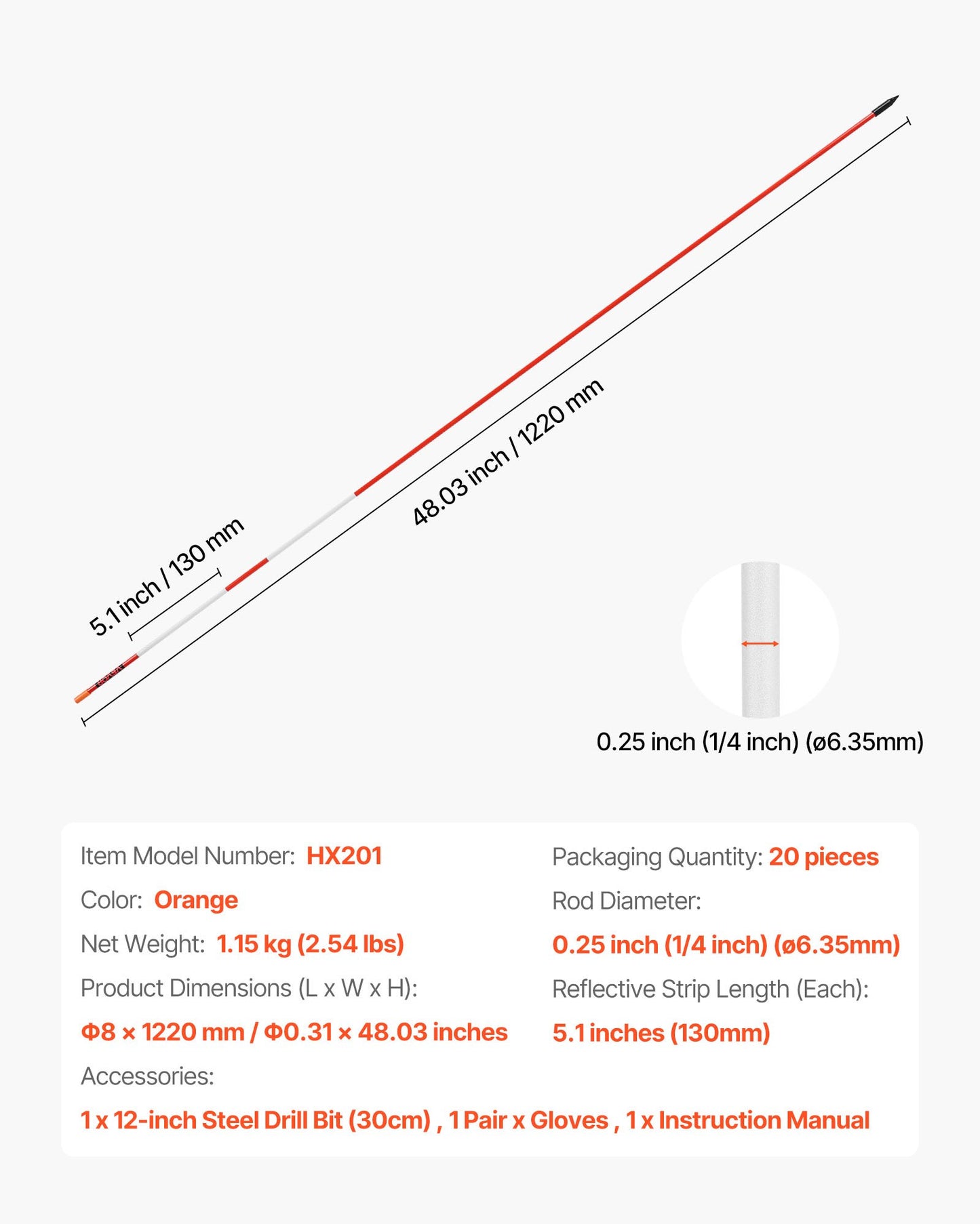 Driveway Markers, 20Pcs 122cm Long 6.35mm Dia, Hi-Visibility Driveway Reflectors with 12 in Steel Drill Bits, Reflective Snow Sticks Fiberglass Pole for Parking Lots, Walkways, Snow Plowing