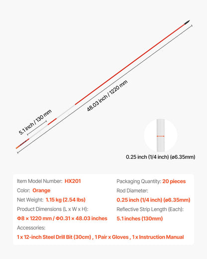 Driveway Markers, 20Pcs 122cm Long 6.35mm Dia, Hi-Visibility Driveway Reflectors with 12 in Steel Drill Bits, Reflective Snow Sticks Fiberglass Pole for Parking Lots, Walkways, Snow Plowing