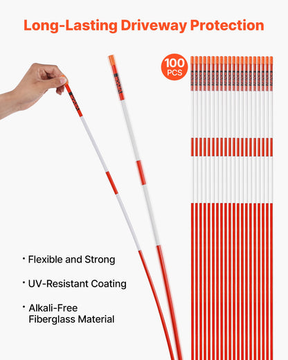 Einfahrtmarkierungen, 100 Stück, 183 cm lang, 7,87 mm Durchmesser, gut sichtbare Einfahrtreflektoren mit 12-Zoll-Stahlbohrern, reflektierende Schneestangen aus Fiberglas für Parkplätze, Gehwege und Schneeräumung