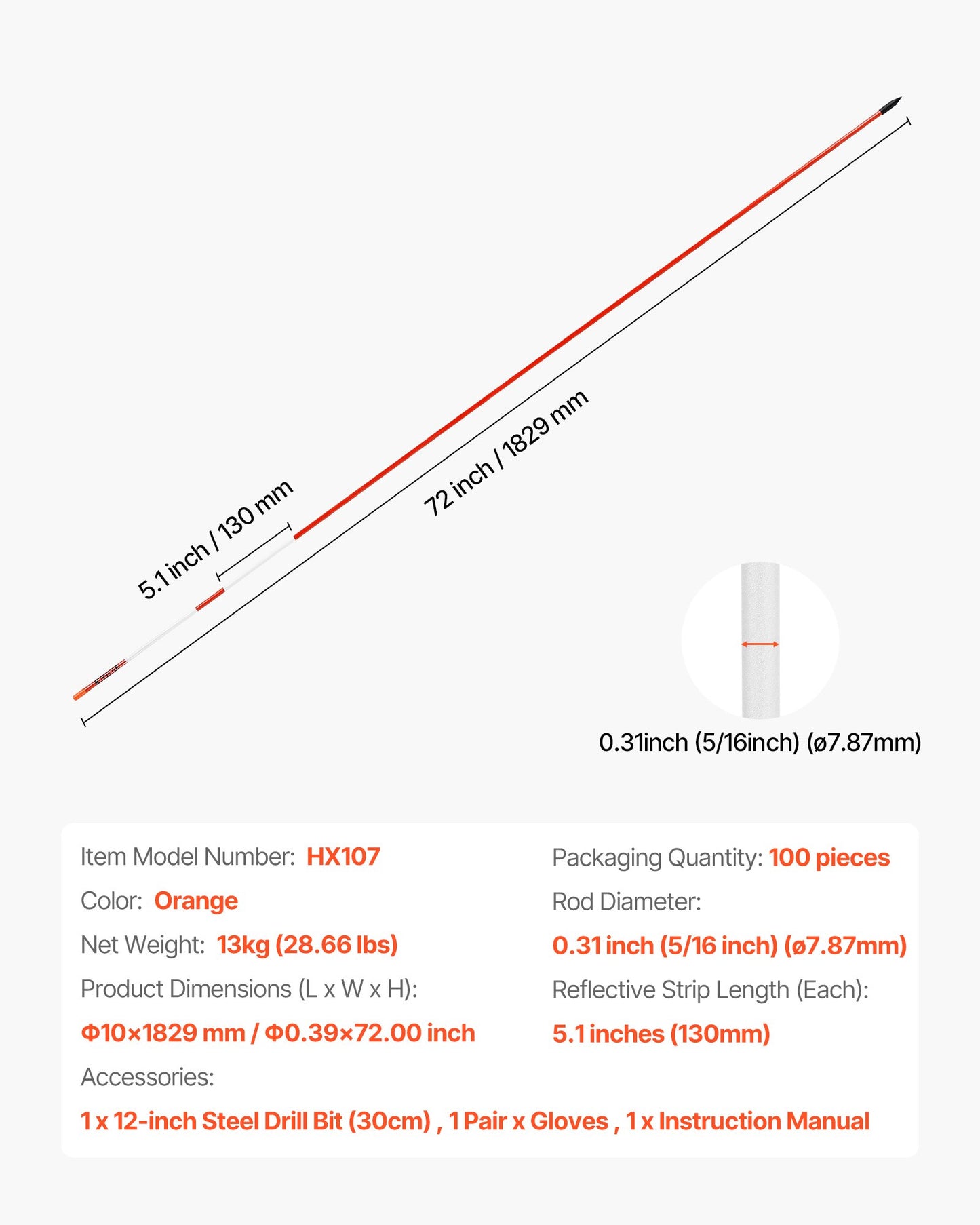 Einfahrtmarkierungen, 100 Stück, 183 cm lang, 7,87 mm Durchmesser, gut sichtbare Einfahrtreflektoren mit 12-Zoll-Stahlbohrern, reflektierende Schneestangen aus Fiberglas für Parkplätze, Gehwege und Schneeräumung