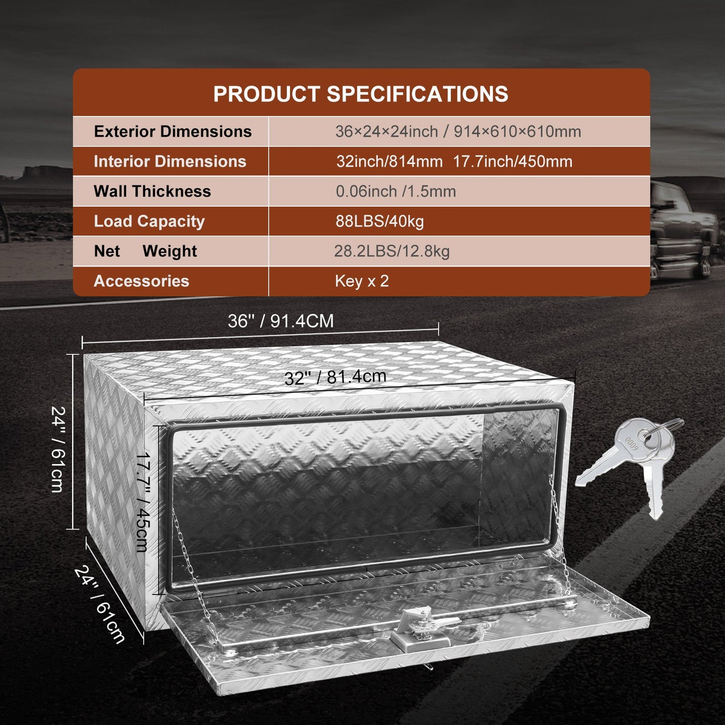 Underbody Truck Box, 36"×24"×24" Pickup Storage Box, Heavy Duty Aluminum Diamond Plate Tool Box with Lock and Keys, Waterproof Trailer Storage Box with T-Handle Latch for Truck, Van, Trailer
