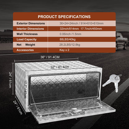 Underbody Truck Box, 36"×24"×24" Pickup Storage Box, Heavy Duty Aluminum Diamond Plate Tool Box with Lock and Keys, Waterproof Trailer Storage Box with T-Handle Latch for Truck, Van, Trailer