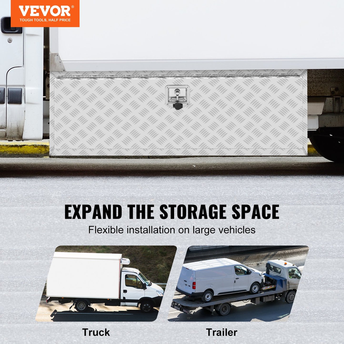 Underbody Truck Box, 48"×24"×24" Pickup Storage Box, Heavy Duty Aluminum Diamond Plate Tool Box with Lock and Keys, Waterproof Trailer Storage Box with T-Handle Latch for Truck, Van, Trailer