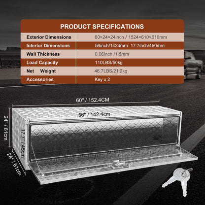 Underbody Truck Box, 1524 x 610 x 610 mm Pickup Storage Box, Heavy Duty Aluminum Diamond Plate Tool Box with Lock and Keys, Waterproof Trailer Storage Box with T-Handle Latch for Truck, Van, Trailer