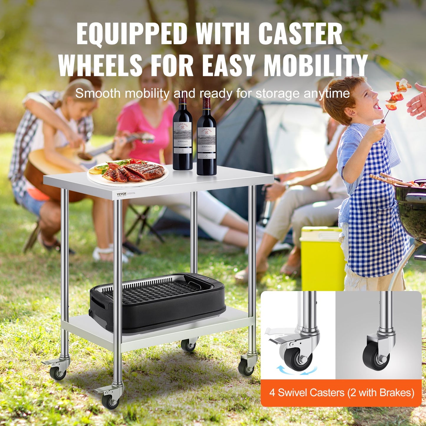 Arbeitstisch aus Edelstahl, 61 x 91 x 97 cm, mit 4 Rollen, 3 höhenverstellbar, robuster Lebensmittelzubereitungstisch für Gastronomieküchen, silberfarben