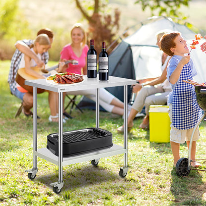 Arbeitstisch aus Edelstahl, 61 x 91 x 97 cm, mit 4 Rollen, 3 höhenverstellbar, robuster Lebensmittelzubereitungstisch für Gastronomieküchen, silberfarben