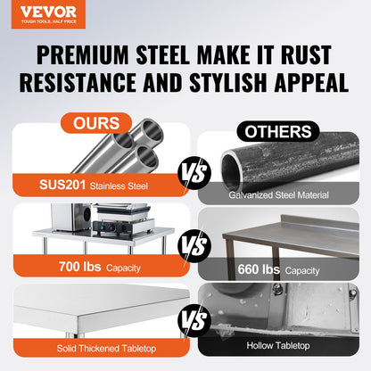 Arbeitstisch aus Edelstahl, 61 x 61 x 97 cm, mit 4 Rollen, 3 höhenverstellbar, robuster Arbeitstisch für die Lebensmittelzubereitung in Großküchen und Restaurants, silberfarben