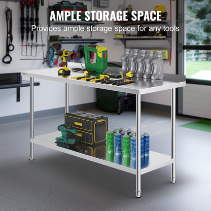 24 x 60 x 36 Zoll (ca. 61 x 152 x 91 cm) großer Arbeitstisch aus Edelstahl, robuster Arbeitstisch für die gewerbliche Lebensmittelzubereitung, höhenverstellbarer Metallarbeitstisch für Restaurants, Haushalte und Hotels