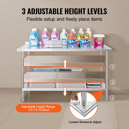 24 x 60 x 36 Zoll (ca. 61 x 152 x 91 cm) großer Arbeitstisch aus Edelstahl, robuster Arbeitstisch für die gewerbliche Lebensmittelzubereitung, höhenverstellbarer Metallarbeitstisch für Restaurants, Haushalte und Hotels