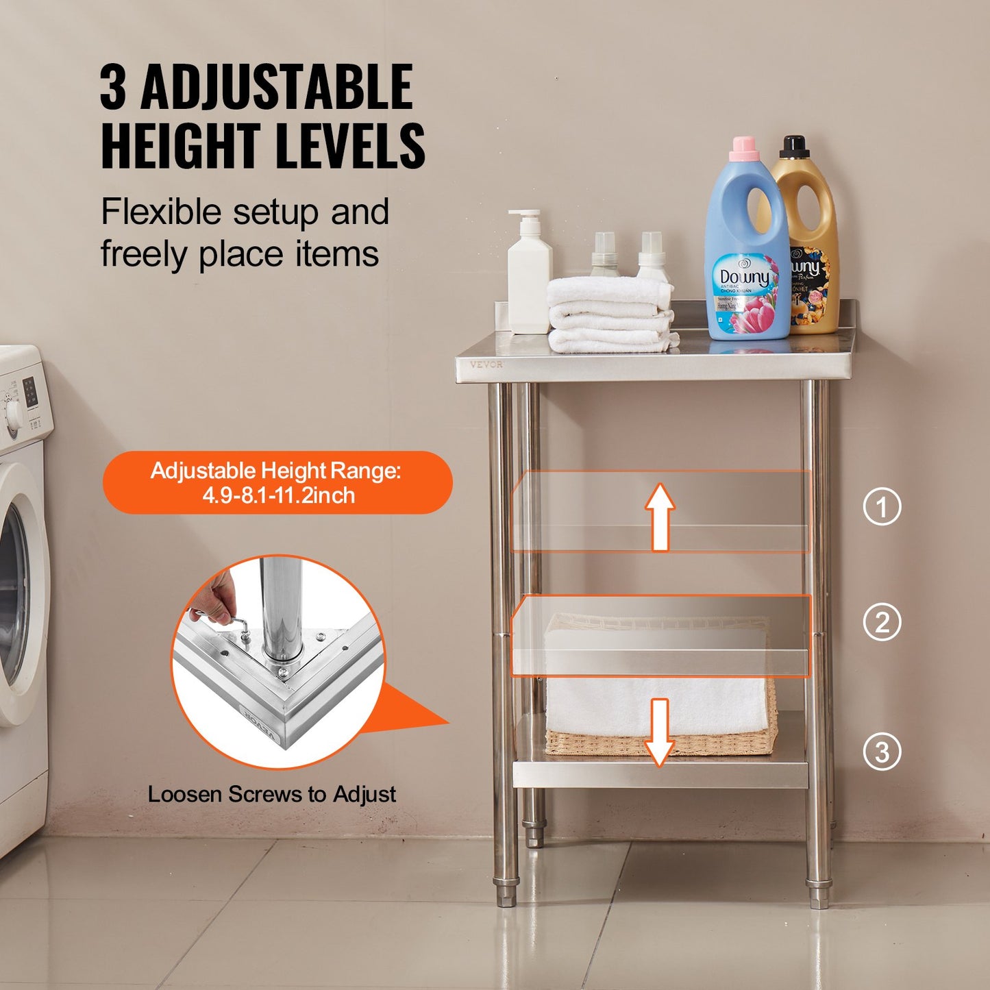 24 x 24 x 36 Zoll (ca. 61 x 61 x 91 cm) großer Arbeitstisch aus Edelstahl, robuster Arbeitstisch für die gewerbliche Lebensmittelzubereitung, höhenverstellbarer Metallarbeitstisch für Restaurants, Haushalte und Hotels