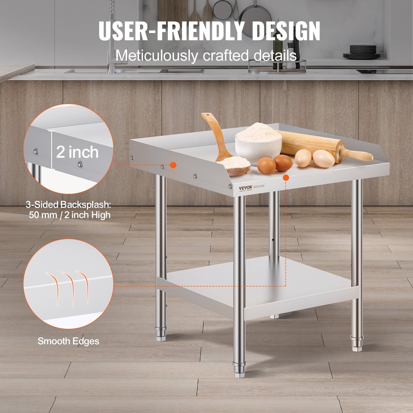 Stainless Steel Work Table, 24 x 24 x 26 Inch Commercial Food Prep Worktable, 3-Sided Backsplash Heavy Duty Prep Worktable, Metal Work Table with Adjustable Height for Restaurant Home Hotel