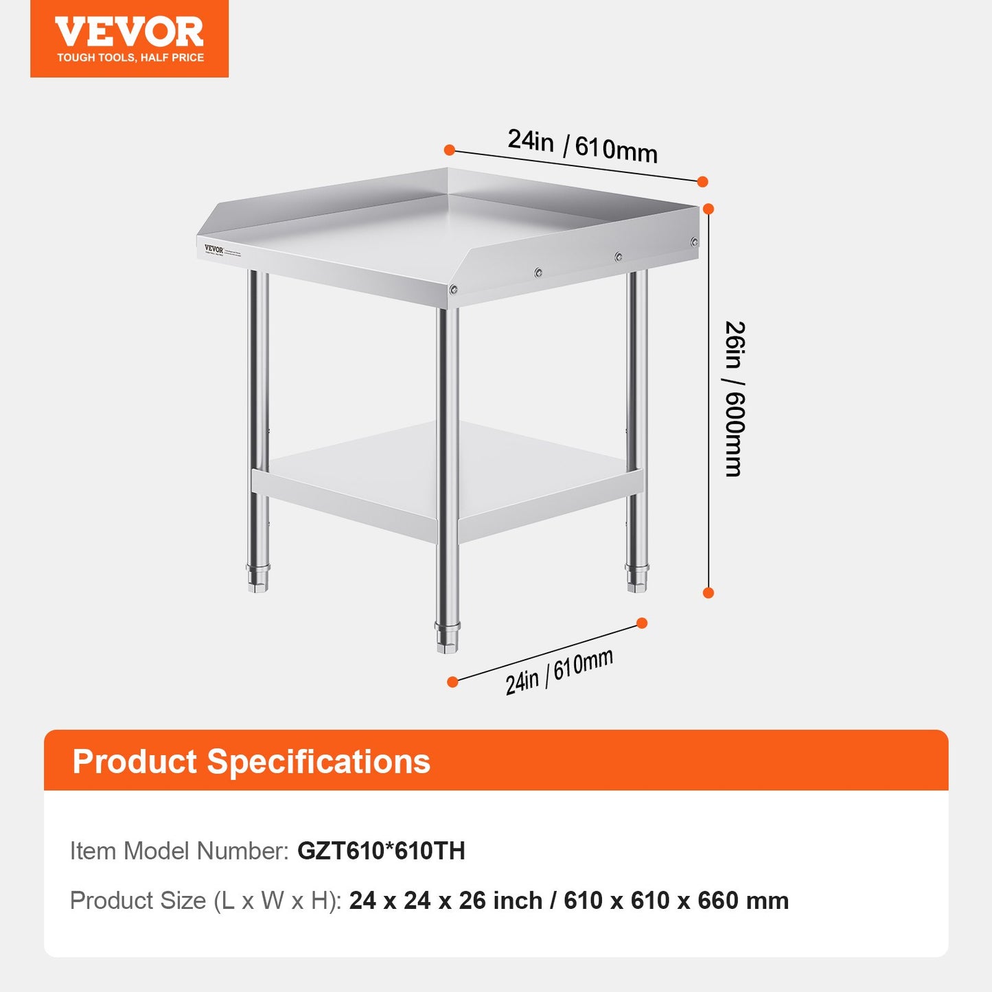 Stainless Steel Work Table, 24 x 24 x 26 Inch Commercial Food Prep Worktable, 3-Sided Backsplash Heavy Duty Prep Worktable, Metal Work Table with Adjustable Height for Restaurant Home Hotel