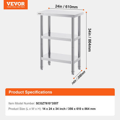 Lebensmittelzubereitungstisch aus Edelstahl, gewerblicher Küchenarbeitstisch, 35,6 x 61 cm