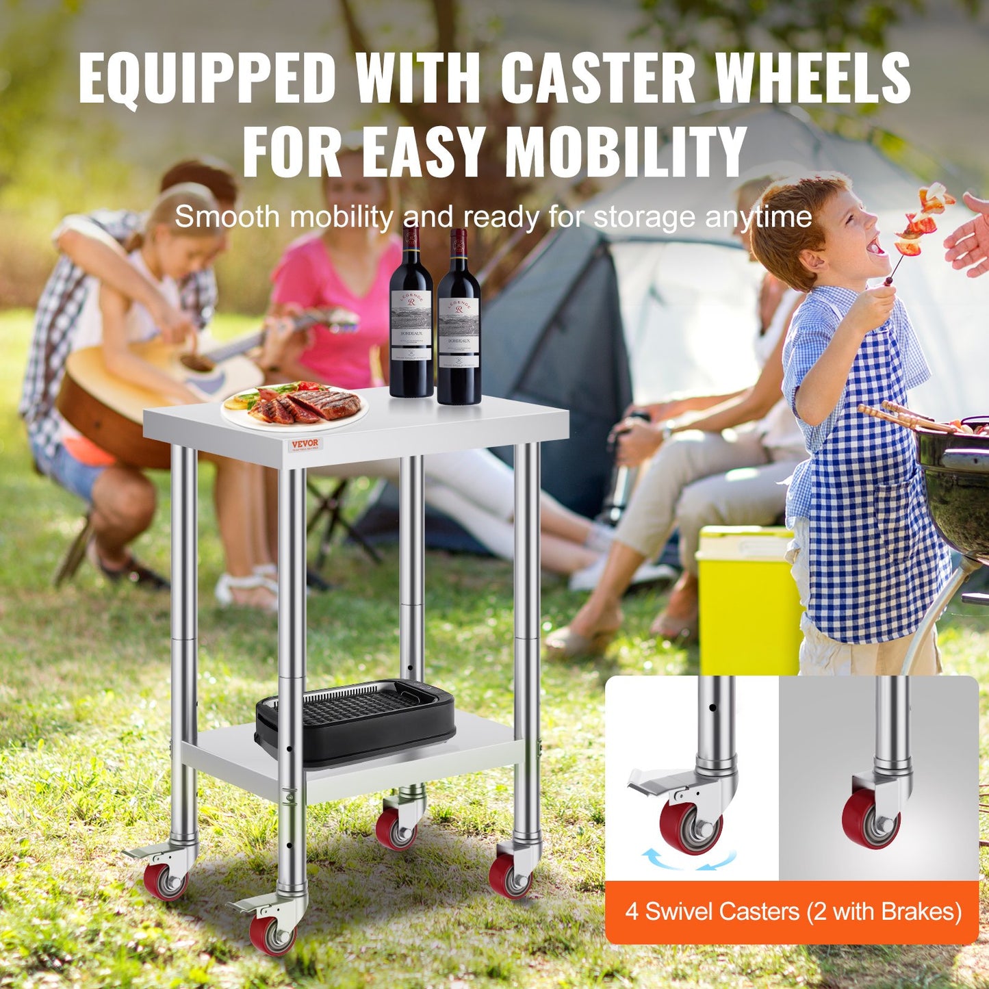 Stainless Steel Work Table 24 x 18 x 34 Inch, 700 LBS Load Capacity with 4 Wheels, 3 Adjustable Height Levels, Heavy Duty Food Prep Worktable for Commercial Kitchen Restaurant, Silver