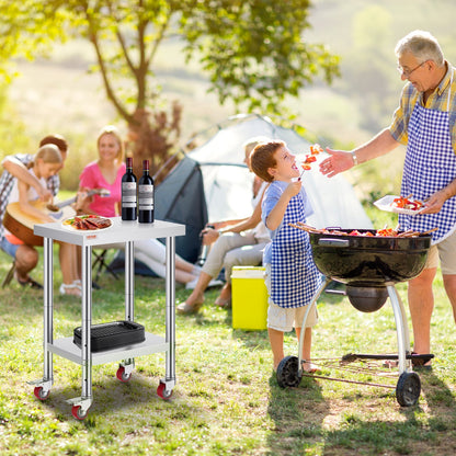 Stainless Steel Work Table 24 x 18 x 34 Inch, 700 LBS Load Capacity with 4 Wheels, 3 Adjustable Height Levels, Heavy Duty Food Prep Worktable for Commercial Kitchen Restaurant, Silver