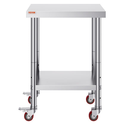 Stainless Steel Work Table 24 x 18 x 34 Inch, 700 LBS Load Capacity with 4 Wheels, 3 Adjustable Height Levels, Heavy Duty Food Prep Worktable for Commercial Kitchen Restaurant, Silver