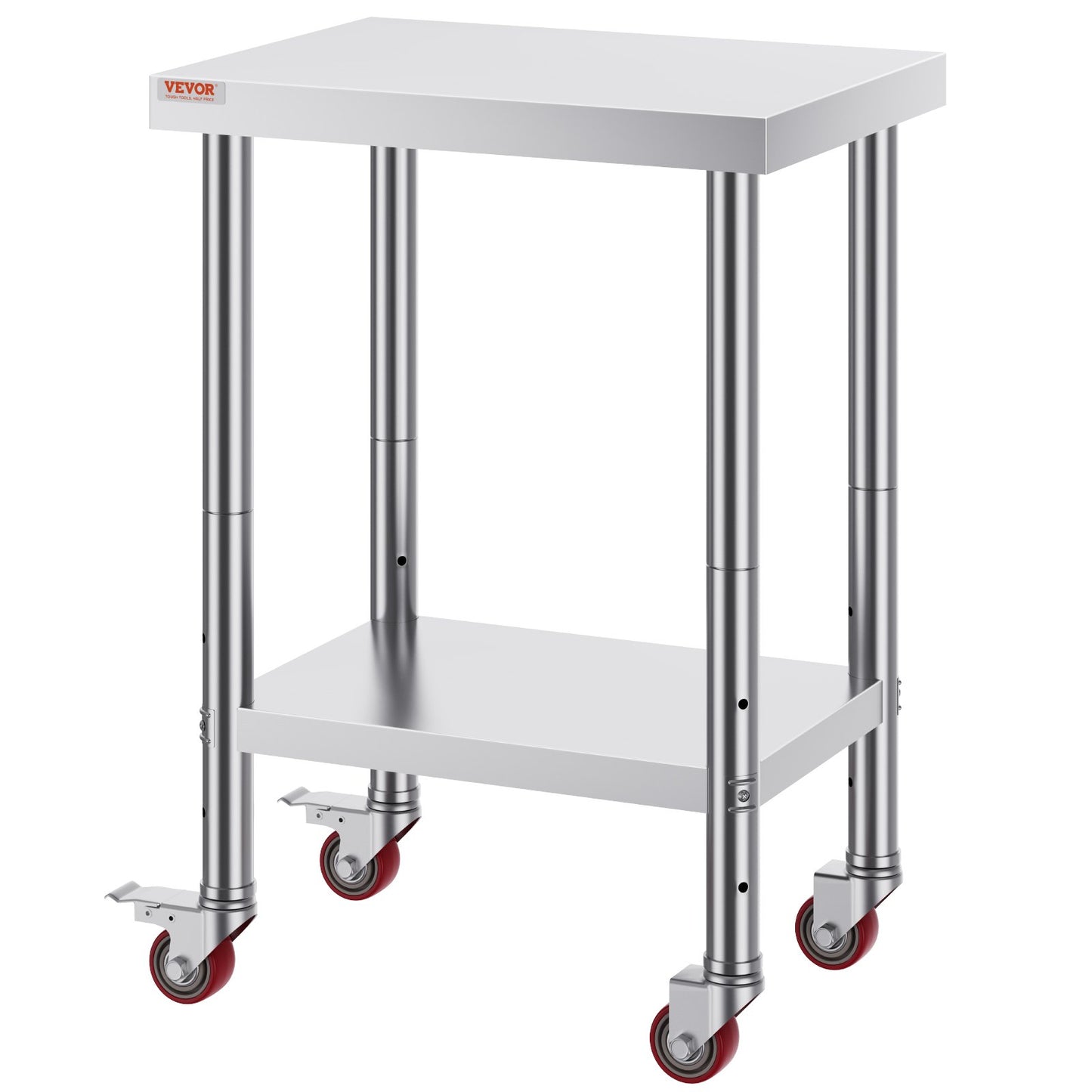 Stainless Steel Work Table 24 x 18 x 34 Inch, 700 LBS Load Capacity with 4 Wheels, 3 Adjustable Height Levels, Heavy Duty Food Prep Worktable for Commercial Kitchen Restaurant, Silver