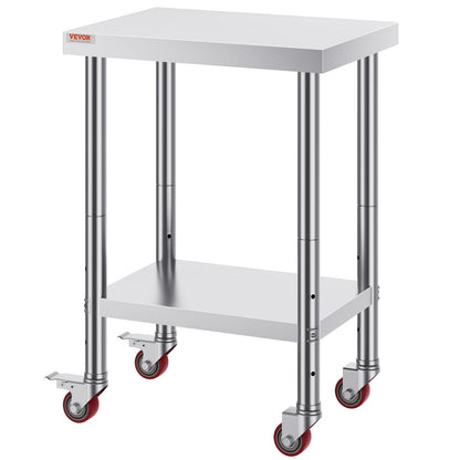 Stainless Steel Work Table 24 x 18 x 34 Inch, 700 LBS Load Capacity with 4 Wheels, 3 Adjustable Height Levels, Heavy Duty Food Prep Worktable for Commercial Kitchen Restaurant, Silver