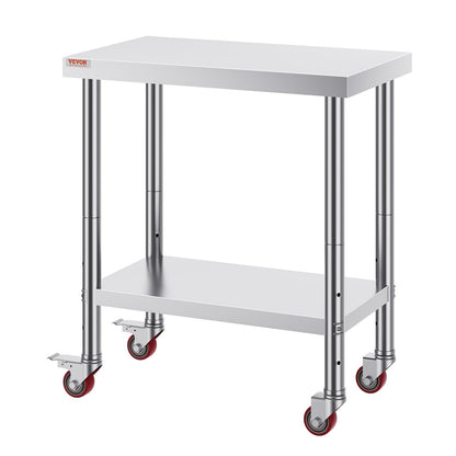 Stainless Steel Catering Work Table 30x18 Inch Commercial Kitchen Table with 4 Wheels Commercial Food Prep Workbench With Flexible Adjustment Shelf for Kitchen Prep Table