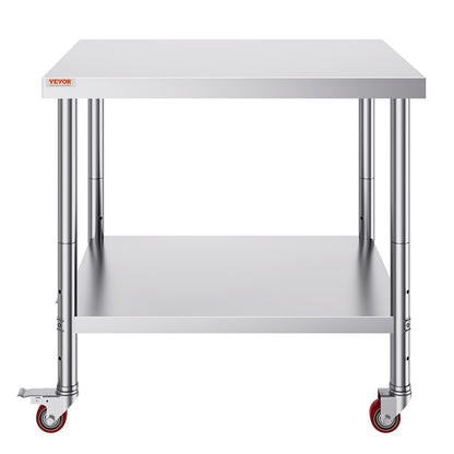 Stainless Steel Catering Work Table 30x36 Inch Commercial Kitchen Table with 4 Wheels Commercial Food Prep Workbench With Flexible Adjustment Shelf for Kitchen Prep Table