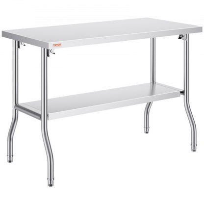 Commercial Worktable Workstation 121.9x61 cm Folding Commercial Prep Table, Heavy-duty Stainless Steel Folding Table with 350.2 kg Load, Kitchen Work Table, Silver Stainless Steel Kitchen Island