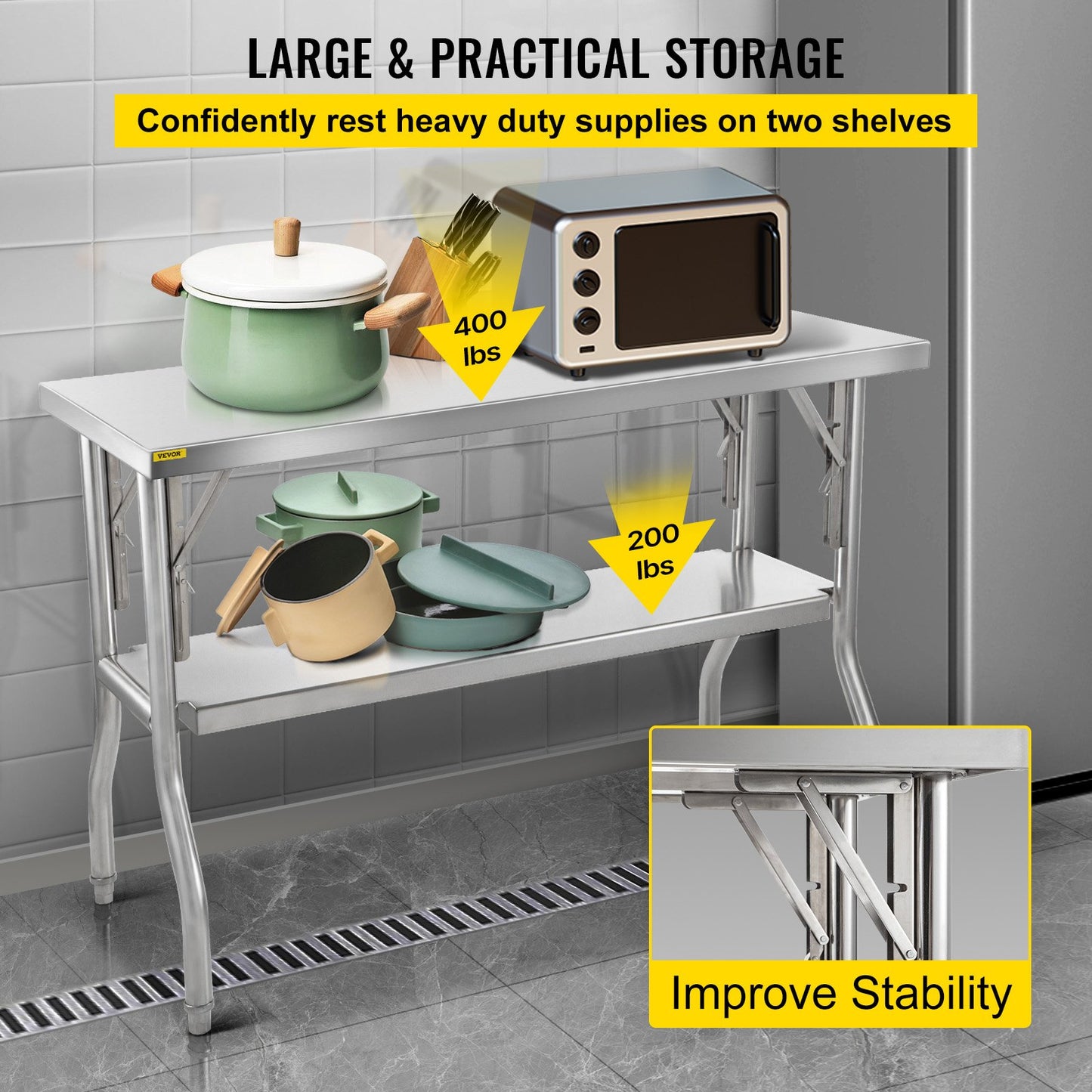 Commercial Worktable Workstation 121.9x61 cm Folding Commercial Prep Table, Heavy-duty Stainless Steel Folding Table with 350.2 kg Load, Kitchen Work Table, Silver Stainless Steel Kitchen Island