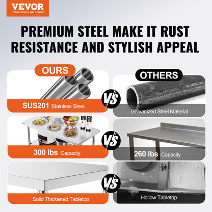 Commercial Worktable Workstation 121.9x61 cm Folding Commercial Prep Table, Heavy-duty Stainless Steel Folding Table with 350.2 kg Load, Kitchen Work Table, Silver Stainless Steel Kitchen Island