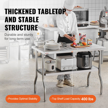 Commercial Worktable Workstation 121.9x61 cm Folding Commercial Prep Table, Heavy-duty Stainless Steel Folding Table with 350.2 kg Load, Kitchen Work Table, Silver Stainless Steel Kitchen Island