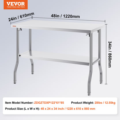 Commercial Worktable Workstation 121.9x61 cm Folding Commercial Prep Table, Heavy-duty Stainless Steel Folding Table with 350.2 kg Load, Kitchen Work Table, Silver Stainless Steel Kitchen Island