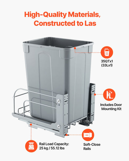 Pullout Trash Can for Kitchen Cabinets, Garbage Waste Recycling Bin, Under Mount Waste Container, with Heavy Duty Metal Soft Close Sliding System and Door Kit, for Sink, Under Counter