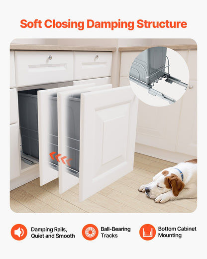 Pullout Trash Can for Kitchen Cabinets, Garbage Waste Recycling Bin, Under Mount Waste Container, with Heavy Duty Metal Soft Close Sliding System and Door Kit, for Sink, Under Counter