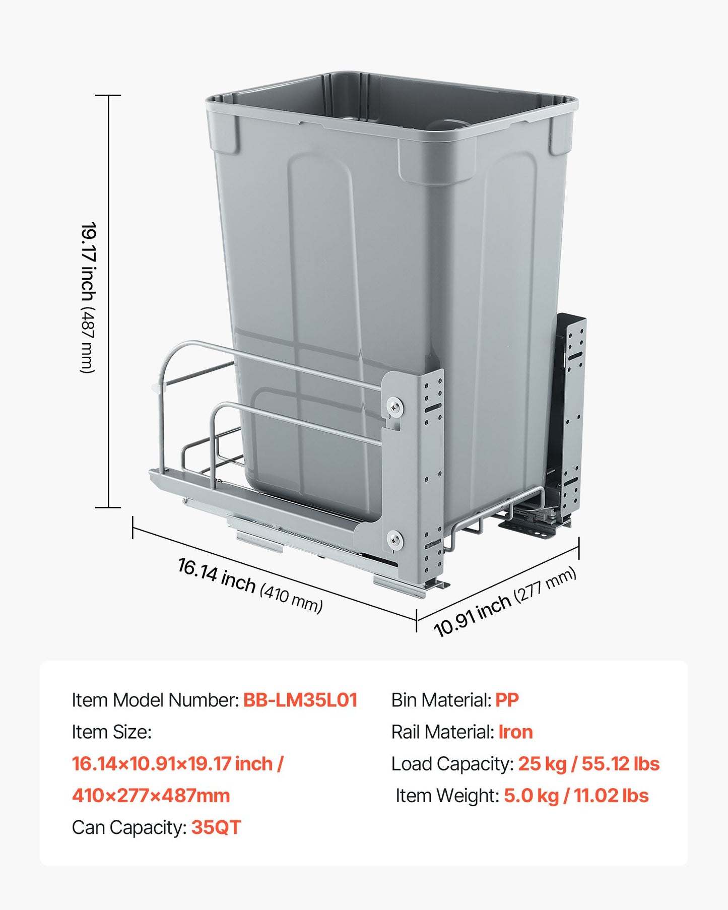 Pullout Trash Can for Kitchen Cabinets, Garbage Waste Recycling Bin, Under Mount Waste Container, with Heavy Duty Metal Soft Close Sliding System and Door Kit, for Sink, Under Counter