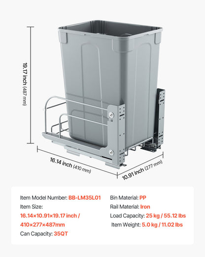 Pullout Trash Can for Kitchen Cabinets, Garbage Waste Recycling Bin, Under Mount Waste Container, with Heavy Duty Metal Soft Close Sliding System and Door Kit, for Sink, Under Counter