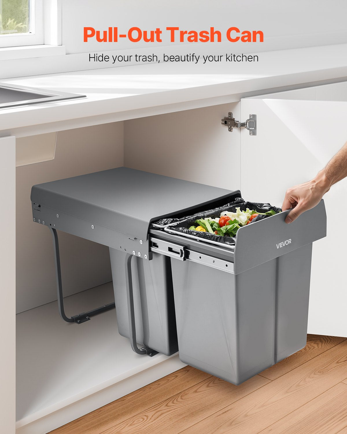 Pullout Trash Can for Kitchen Cabinets, 20Lx2 Double Under Sink Garbage Waste Recycling Bin, Under Mount Waste Container, with Heavy Duty Metal Full Extension Sliding System and Handle