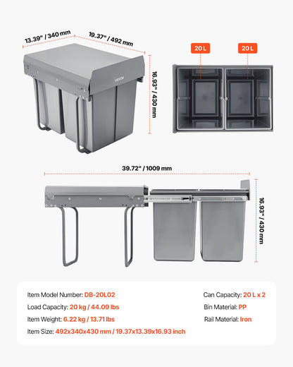 Pullout Trash Can for Kitchen Cabinets, 20Lx2 Double Under Sink Garbage Waste Recycling Bin, Under Mount Waste Container, with Heavy Duty Metal Full Extension Sliding System and Handle