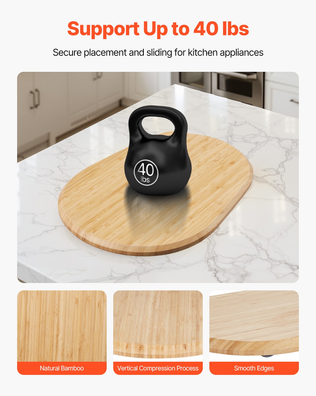 Küchenmaschinen-Schieber, oval, 40 x 28 cm, kompatibel mit Standmixern mit Kippkopf (5,5–8 l), PTFE-Füße, Ablagefach für Küchenarbeitsplatten, Naturholz