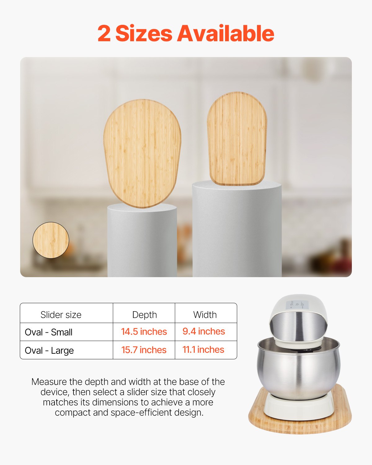 Küchenmaschinen-Schieber, oval, 40 x 28 cm, kompatibel mit Standmixern mit Kippkopf (5,5–8 l), PTFE-Füße, Ablagefach für Küchenarbeitsplatten, Naturholz