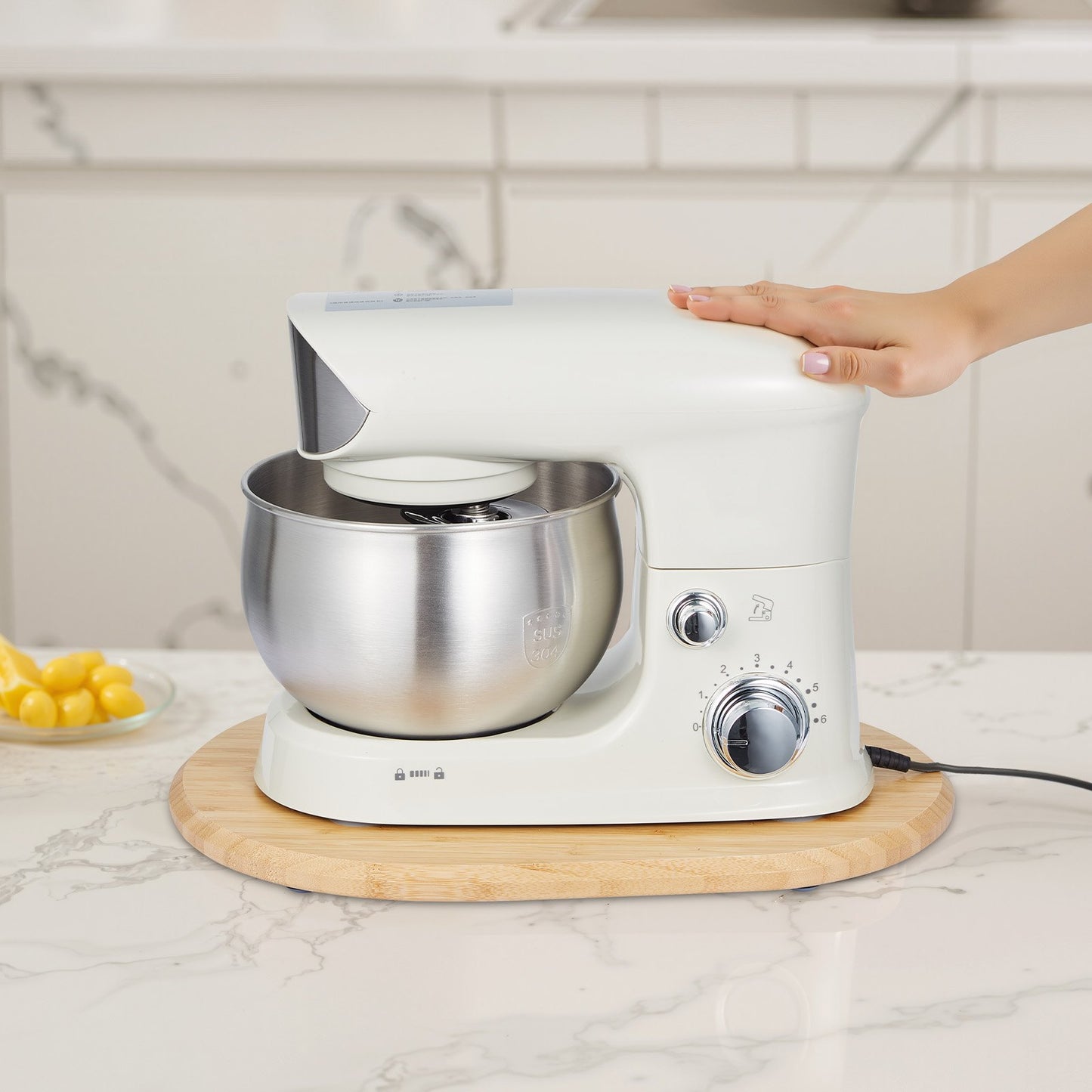 Küchenmaschinen-Schieber, oval, 40 x 28 cm, kompatibel mit Standmixern mit Kippkopf (5,5–8 l), PTFE-Füße, Ablagefach für Küchenarbeitsplatten, Naturholz