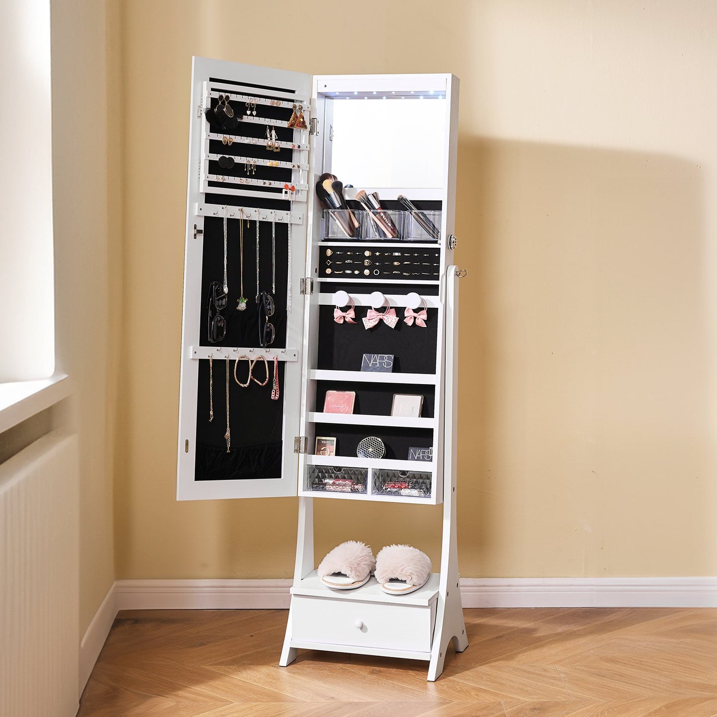 Mirror Jewelry Cabinet, Standing Mirror with Storage, Lockable Jewelry Mirror Organizer with Full Length Mirror, Velvet Lining, Interior LED Light, Drawer, Freestanding Jewelry Armoire, White