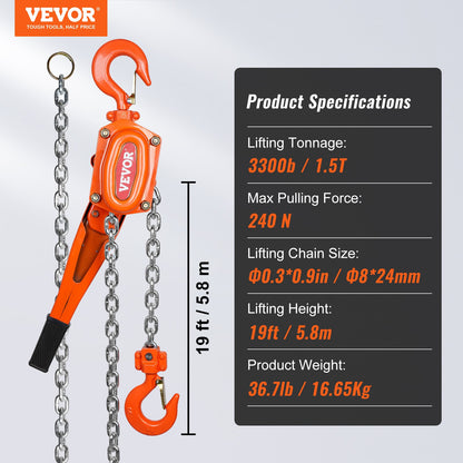 Manual Lever Chain Hoist, 1-1/2 Ton 1496.9 kg Capacity 6.1m Come Along, G80 Galvanized Carbon Steel with Weston Double-Pawl Brake, Auto Chain Leading & 360° Rotation Hook, for Garage Factory Dock