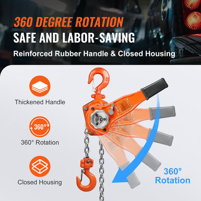 Manual Lever Chain Hoist, 3/4 Ton 748 kg Capacity 3.1m Come Along, G80 Galvanized Carbon Steel with Weston Double-Pawl Brake, Auto Chain Leading & 360° Rotation Hook, for Garage Factory Dock