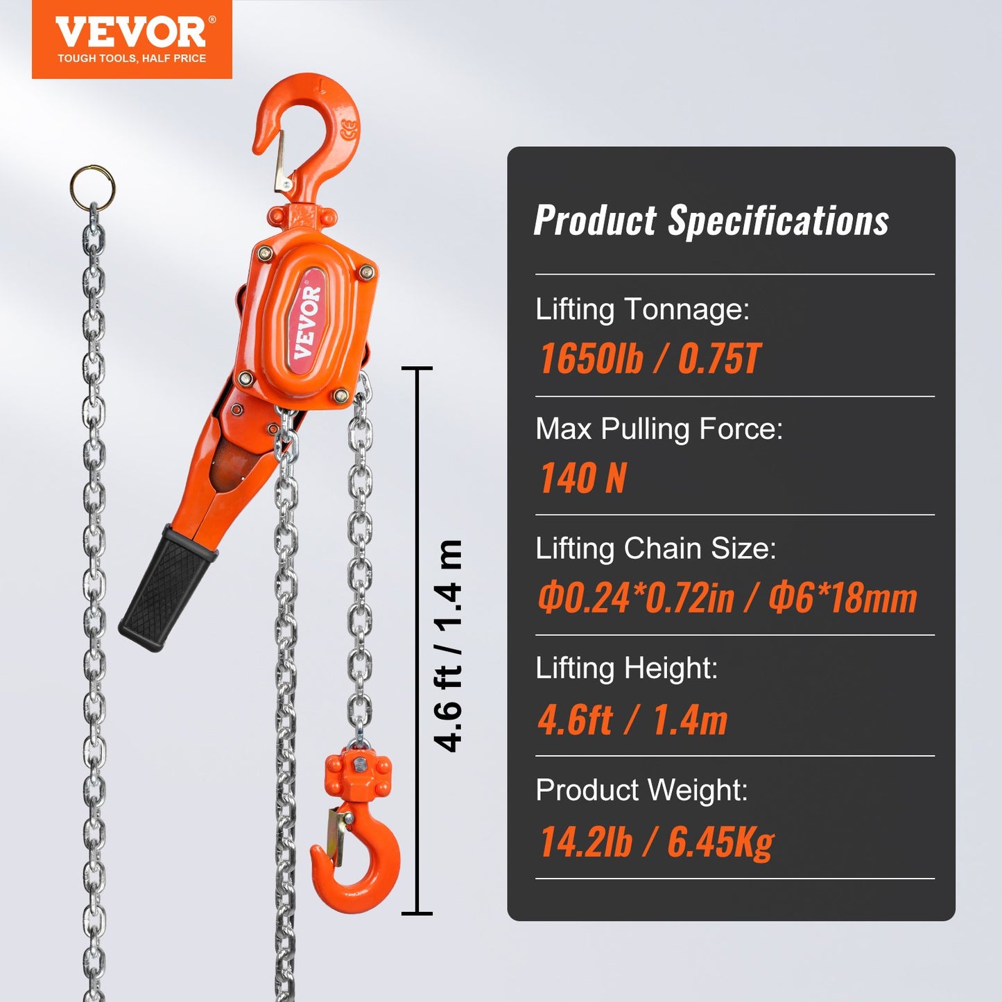 Manual Lever Chain Hoist, 3/4 Ton 748 kg Capacity 1.5m Come Along, G80 Galvanized Carbon Steel with Weston Double-Pawl Brake, Auto Chain Leading & 360° Rotation Hook, for Garage Factory Dock