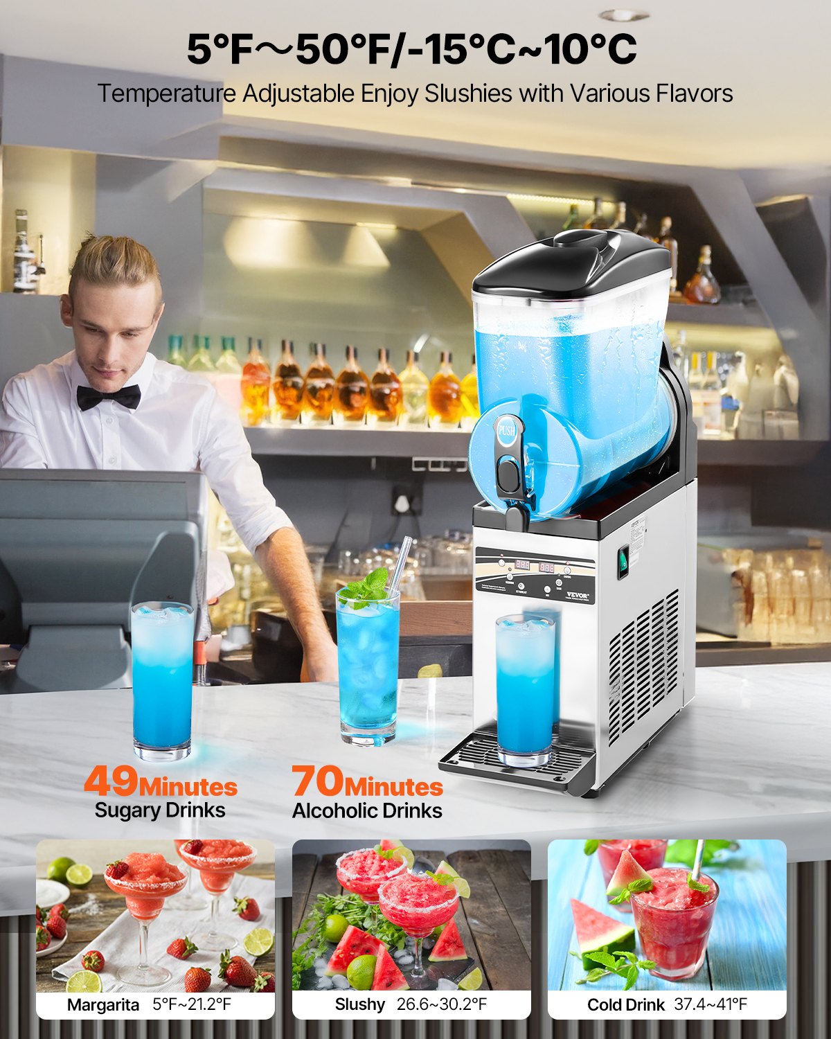 Commercial Frozen Drink Maker, 15L Single Tank Slushy Machine, 60 Cups Stainless Steel Margarita Smoothie Frozen Drink Machine, Slushie Maker for Home Party Restaurants Cafe Bars