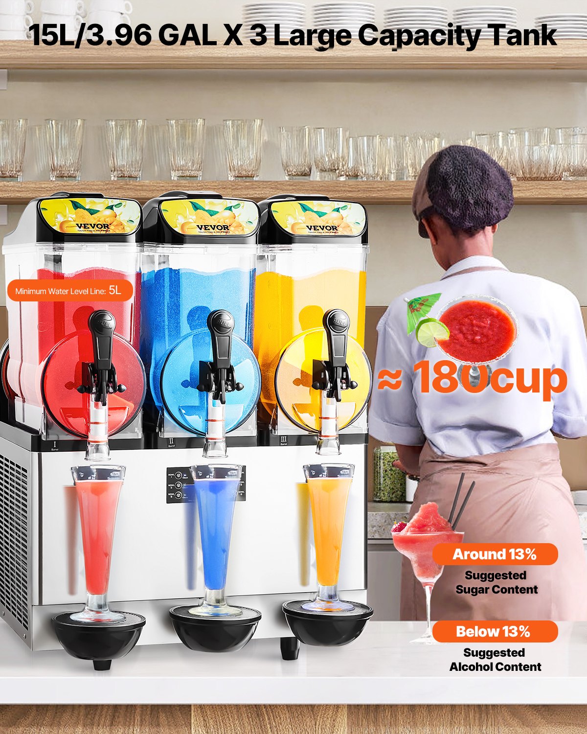 Commercial Frozen Drink Maker, 15Lx3 Triple Tank Slushy Machine, 180 Cups Stainless Steel Margarita Smoothie Frozen Drink Machine, Slushie Maker for Home Party Restaurants Cafe Bars