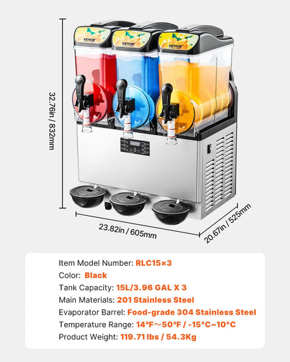 Commercial Frozen Drink Maker, 15Lx3 Triple Tank Slushy Machine, 180 Cups Stainless Steel Margarita Smoothie Frozen Drink Machine, Slushie Maker for Home Party Restaurants Cafe Bars