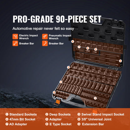 90-teiliger Steckschlüsselsatz mit 3/8"-Antrieb (SAE 1/4"-3/4" und metrisch 6-19 mm), 6-kant, aus Chrom-Molybdän-Legierungsstahl, für Autoreparaturen, inklusive Verlängerungen, Universalgelenkadapter, abschließbarem Aufbewahrungskoffer